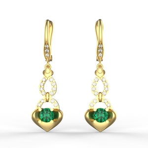 Round Emerald And Diamond Dangle Drop Earrings For Women And Girls / 14k Gold Emerald Diamond Drops