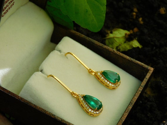 Emerald Earrings, Natural Emerald, Diamond Earring, 18kt Gold Anniversary Gift Earrings