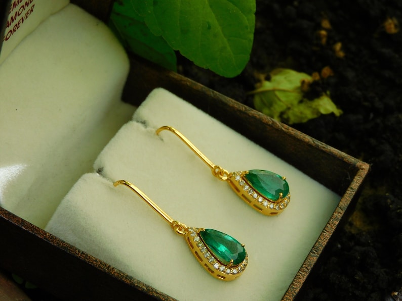 Emerald Diamond Dangle Earrings: 14k Gold Pear Teardrop Women Earrings For Women And Girls
