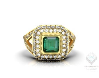 Octagon Shape Natural Emerald And Diamond Engagement Wedding Ring / 14k Gold May Birthstone Ring