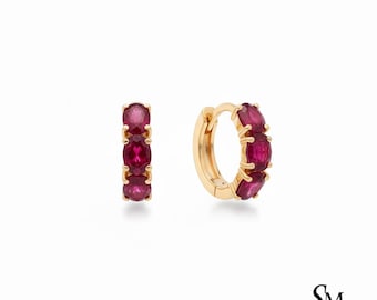 Natural Oval Shape Ruby Huggies In 14k Solid Gold - July Birthstone Women Earrings