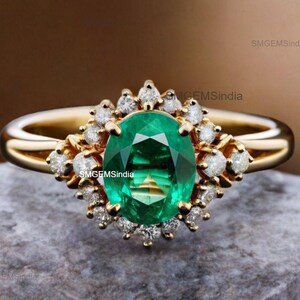 Oval Shape Natural Zambian Emerald And Diamond Engagement Ring / Women Gift May Birthstone Ring / Anniversary Wedding Gift Ring