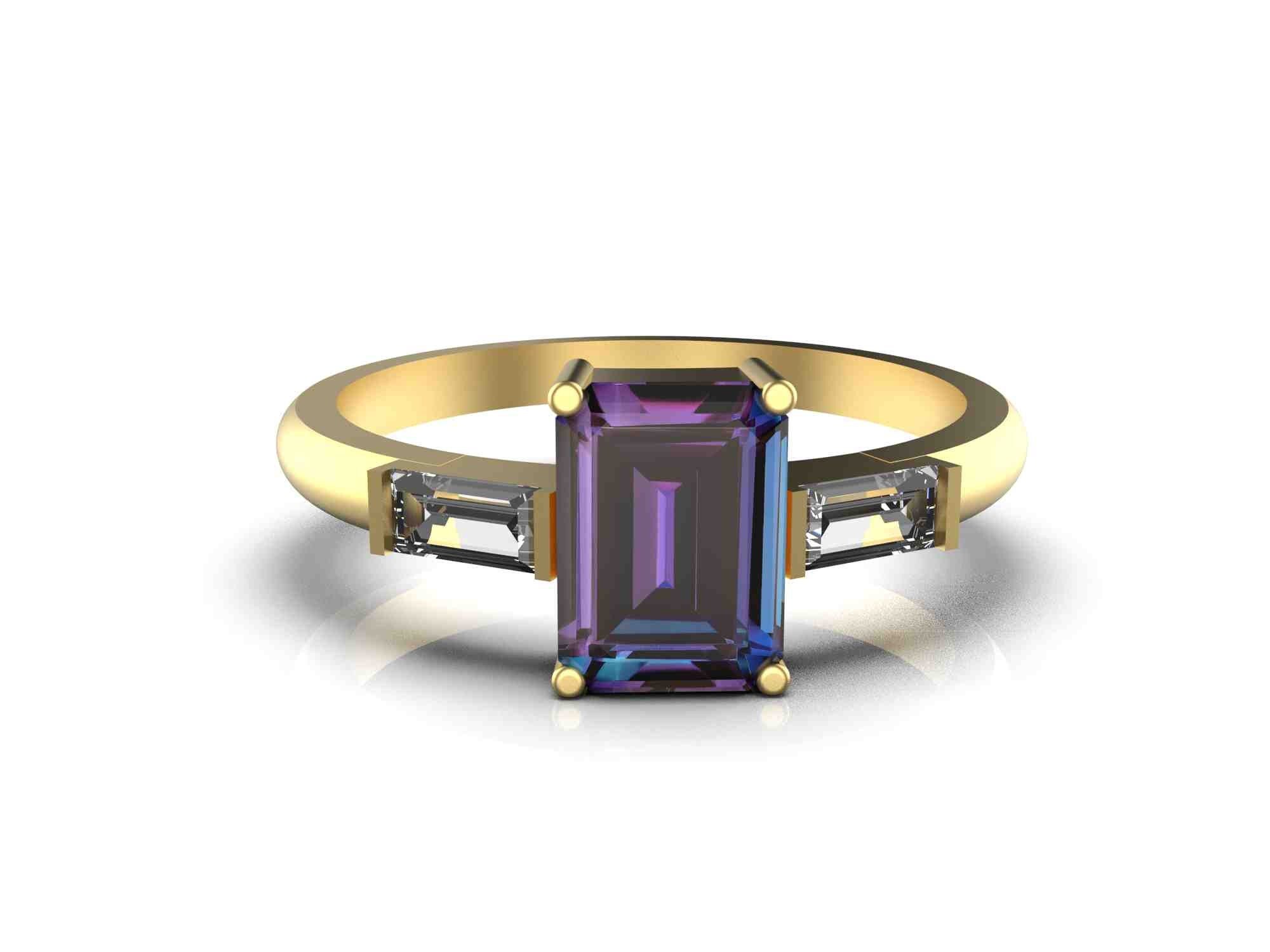Emerald Cut Alexandrite And Baguettes Diamond Engagement Ring / Women Alexandrite ring / 14k Gold Alexandrite Ring