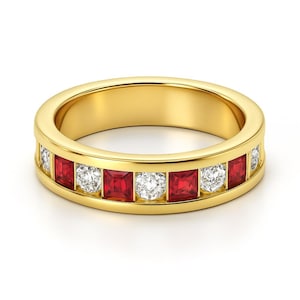 Ruby Baguettes And Diamond Wedding Band Ring / 14k Solid Gold Natural July Birthstone Gift Ring / Anniversary Wedding Band