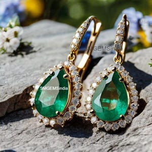 14K Gold Pear Emerald Earrings with Diamonds: Zambian Art Deco Drop