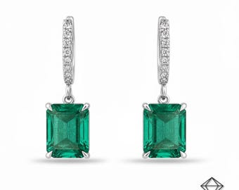 4,10 ctw 14K natuurlijke smaragd geslepen smaragd & diamant accent mesrand Huggie oorbellen, gouden weelderige groene smaragd hanger pa
