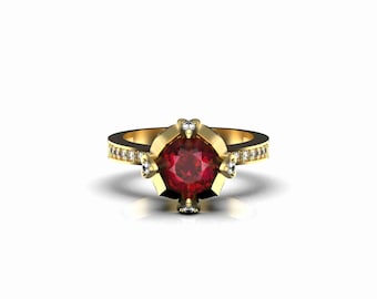 Anillo de compromiso con rubí y diamante / Anillo de oro de 14 k con rubí rojo brillante / Anillo de regalo de Navidad
