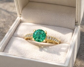 14k Gold Natural Emerald Diamond Ring: May Birthstone Engagement Ring