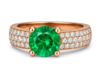 Emerald Engagement Ring: 18k Solid Gold Round Diamond Wedding Ring