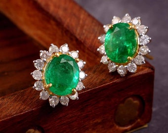 Real Emerald And Diamond Stud Earrings For Womens / Oval Emerald Earrings For Anniversary Gift