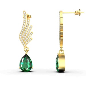 Pear Shape Natural Emerald May Birthstone Dangle Earrings / 14k Gold Emerald Earrings / Women Christmas Gift Earrings