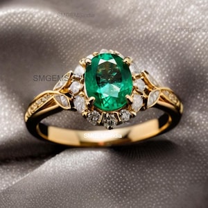 Natural Raw Genuine Emerald And Diamond Engagement Ring / 18K Solid Gold Women Gift May Birthstone Ring / Christmas Anniversary Gift Ring