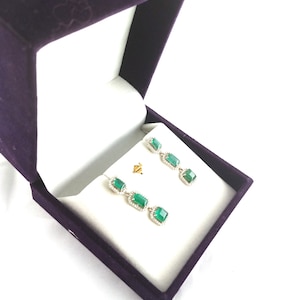Natural Emerald And Diamond Earrings For Womens / 18k Solid Gold Dangle & Drop Earrings / Anniversary Gift Earrings / Valentine&#39;s Gift