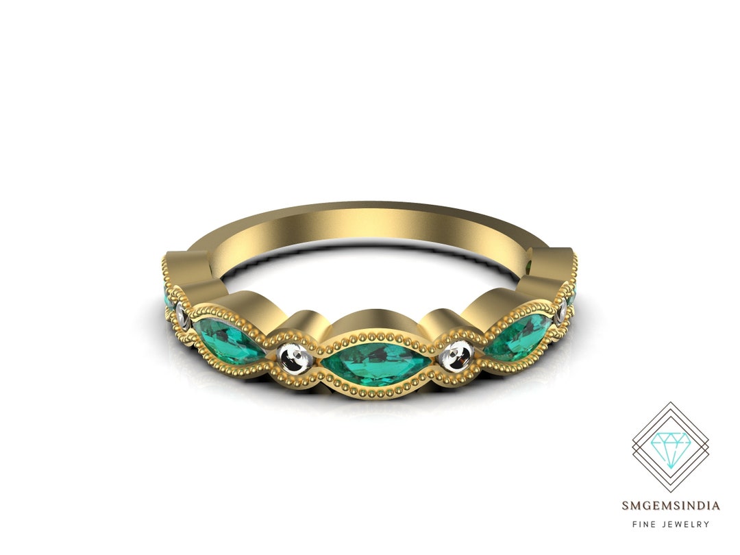Marquise Emerald Diamond Wedding Band - 14k Gold May Birthstone Ring ...