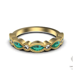 Marquise Natural Emerald And Diamond Wedding Wedding Band / May Birthstone Marquise Shape Ring / Anniversary Gift Ring