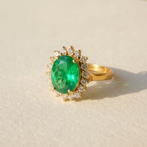 Natural Emerald Ring, 2.20 Carat Oval, Diamond halo, 14k Gold May Birthstone Anniversary Gift Ring