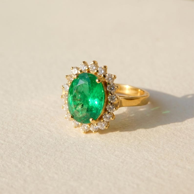 Natural Emerald Ring, 2.20 Carat Oval, Diamond halo, 14k Gold May Birthstone Anniversary Gift Ring