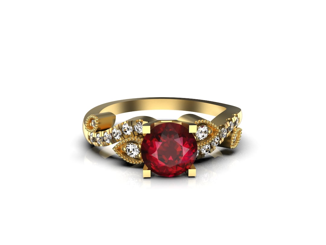 Round Ruby and Diamond Engagement Ring for Women and Girls / 14k Gold ...