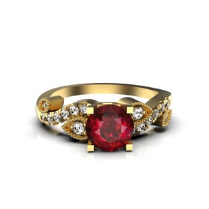 Round Ruby And Diamond Engagement Ring For Women And Girls / 14k Gold July Birthstone Ring / Gift For Her