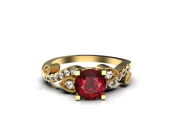 Anillo de compromiso redondo con rubí y diamante para mujeres y niñas / Anillo de oro de 14 k con piedra natal de julio / Regalo para ella