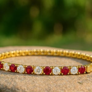 Natural Ruby Diamond Tennis Bracelet: 14k Gold, Round Cut Gemstones