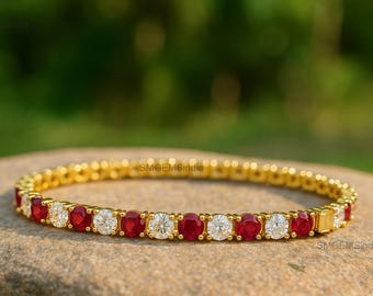 Natural Ruby Diamond Tennis Bracelet: 14k Gold, Round Cut Gemstones