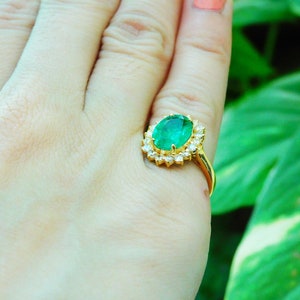 Natural Emerald Ring, 2.20 Carat Oval, Diamond halo, 14k Gold May Birthstone Anniversary Gift Ring