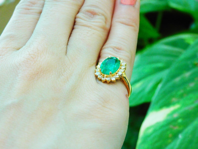Natural Emerald Ring, 2.20 Carat Oval, Diamond halo, 14k Gold May Birthstone Anniversary Gift Ring