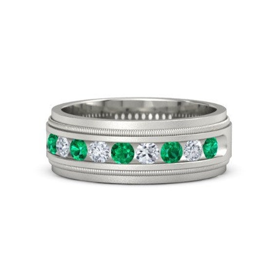 Mens Emerald And Diamond Wedding Band / Emerald And Diamond Etsy