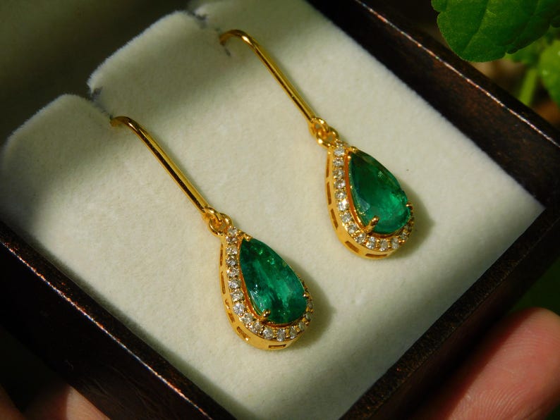 Emerald Diamond Dangle Earrings: 14k Gold Pear Teardrop Women Earrings For Women And Girls
