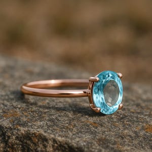 Natural Solitaire Aquamarine Ring: 14k Gold Oval Gemstone Ring