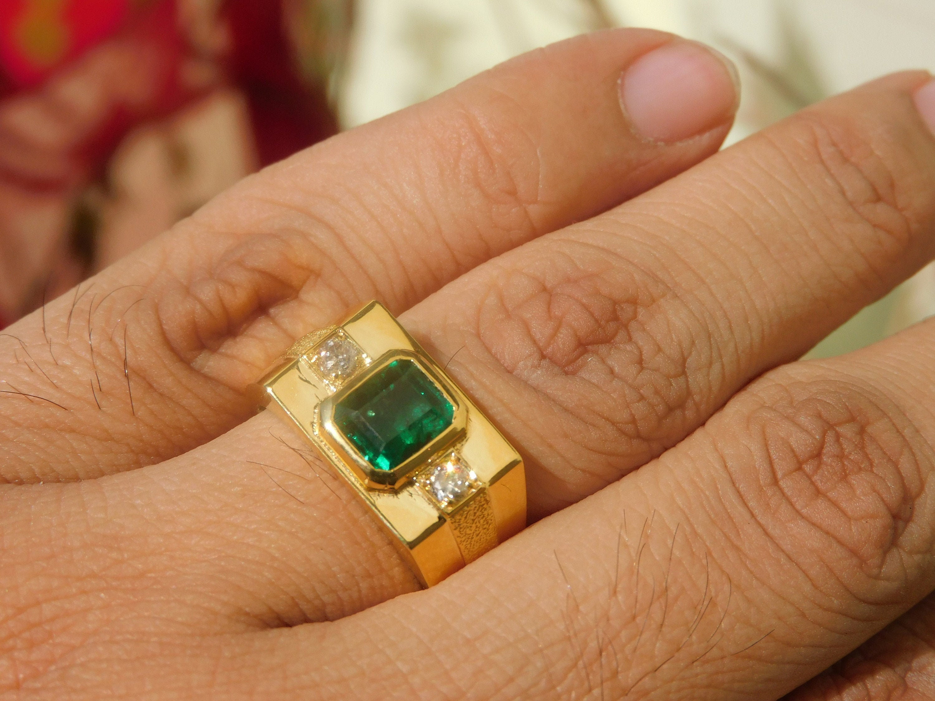 Mens Natural Emerald 18k Solid Gold Ring Emerald and Diamond