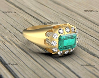 Emerald Cut Natural Emerald and Diamond 14k Gold Ring
