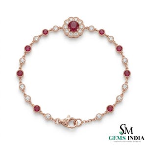 Natural Round Ruby And Diamond Link Bracelet - 14k Solid Gold July Birthstone Women Gift Bracelet