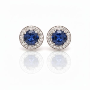 Blue Sapphire And Diamond Women Stud Earrings - 14k Solid Gold Blue Gemstone Jewelry