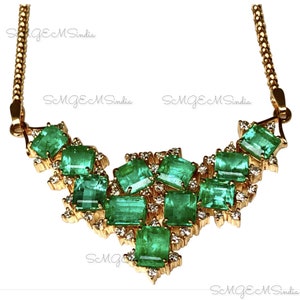 Emerald Cut Zambian Emerald & Diamond 18k Gold Necklace