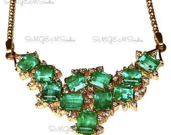 Emerald Cut Zambian Emerald & Diamond 18k Gold Necklace
