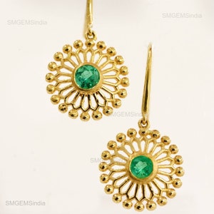 Emerald Dangle Earrings: 18k Gold Round Floral Drop Earrings