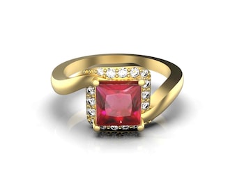 Anillo de oro macizo de 14 k con rubí y diamante cuadrado de talla princesa / Anillo de oro macizo con piedra de nacimiento roja de julio