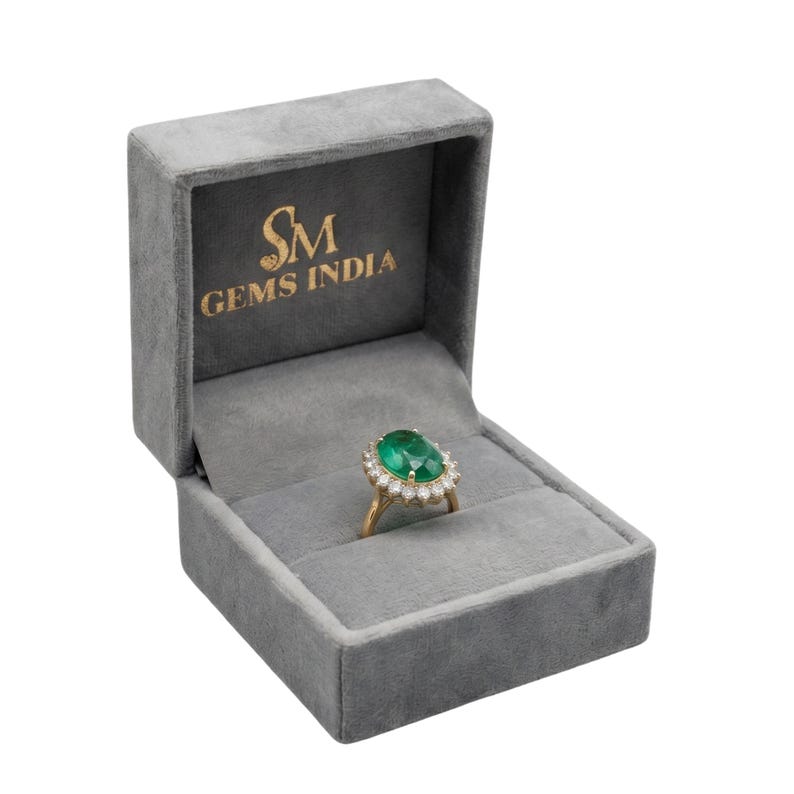 Natural Emerald Ring, 2.20 Carat Oval, Diamond halo, 14k Gold May Birthstone Anniversary Gift Ring