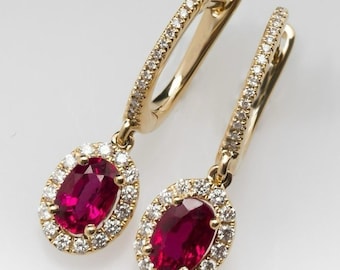 Oval Shape Natural Ruby And Diamond Earrings / 14k July Birthstone Earrings / Women Gift Earrings