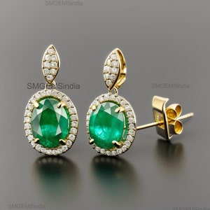 Women Christmas Gift Natural Emerald And Diamond Earrings / 18k Solid Gold Women Gift Earrings / Anniversary Wedding Gift Earring
