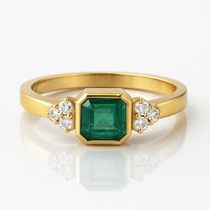 Octagon Emerald Engagement Ring: 14k White Gold, Diamond Accent, May Birthstone