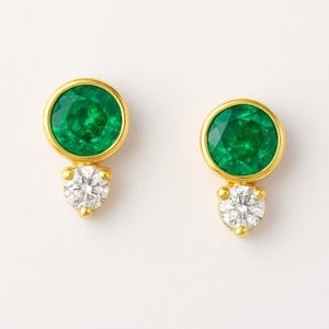 Natural Emerald Stud Earrings / 14k Gold Earrings for Womans / Round Stud Emerald Earrings / christmas gift/ christmas gift