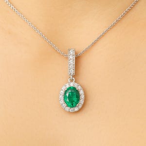 Natural Emerald And Diamond OvalShape Pendant For Womans / 14k Solid Gold Wedding Necklace / May Birthstone Emerald Pendant.