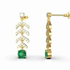 Round Natural Emerald And Diamond Dangle Earrings / 18k Gold May Birthstone Women Earrings / Christmas Gift Earrings