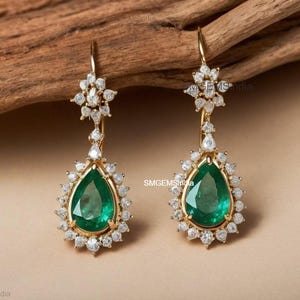 Emerald Diamond Earrings: 14k Gold Pear Drop Dangle Earrings