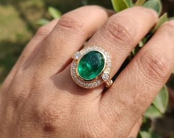 Gold Natural Emerald Ring, Oval Natural Stone, 14K, Dainty