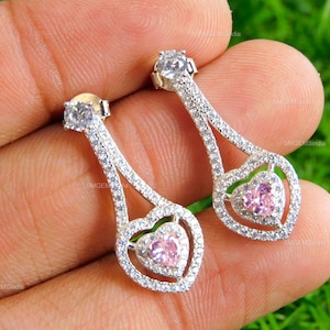Heart Shape Natural Pink Sapphire And Diamond Dangle Drop Earrings / Women Gift Earrings / Pink Gemstone Earrings