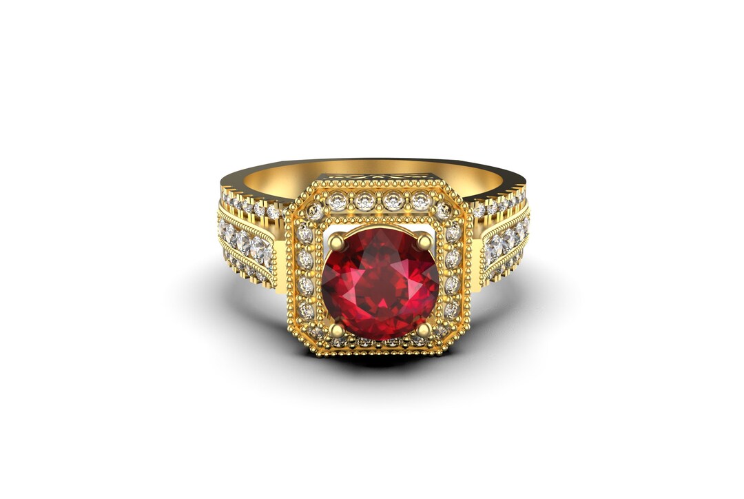 Ruby Diamond 14k Gold Engagement Ring: Art Deco July Birthstone - Etsy